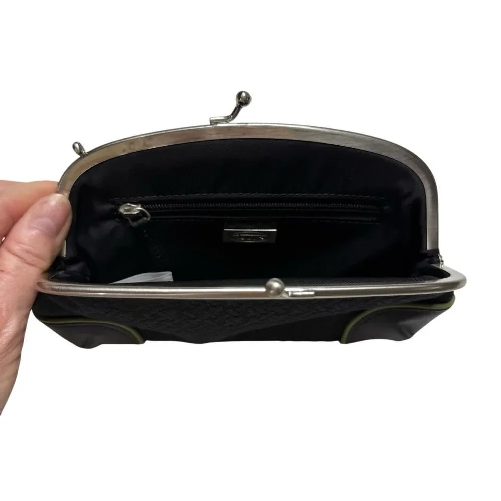 Talbots Leather & Fabric Kiss Lock Mini Clutch Black Green Piping